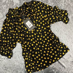 Yellow Blk Blouse with lace tie strings